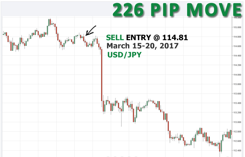 SELL USD/JPY at 114.81, opened March 15th and closed March 20th for 226 pips.